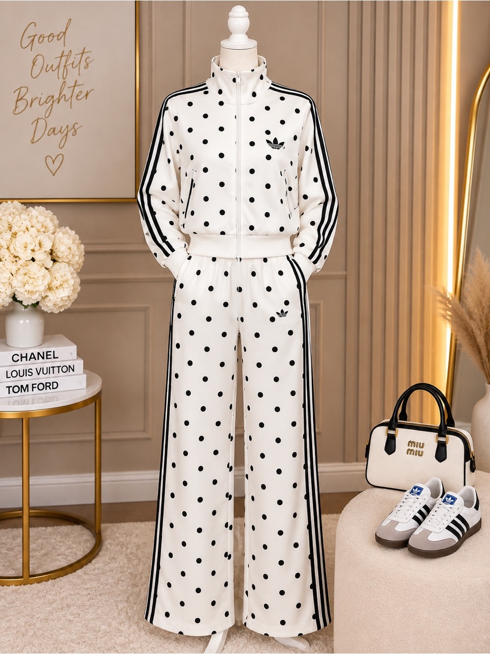 Polka Dot Track Pants & Jacket Set - White/Black